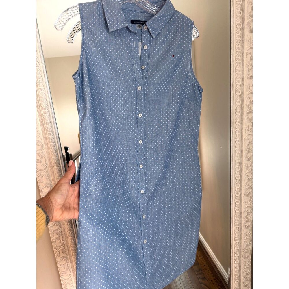 Classic, Preppy Tommy Hilfiger Blue Polka Dot Sleeveless Shirt Dress Size 4